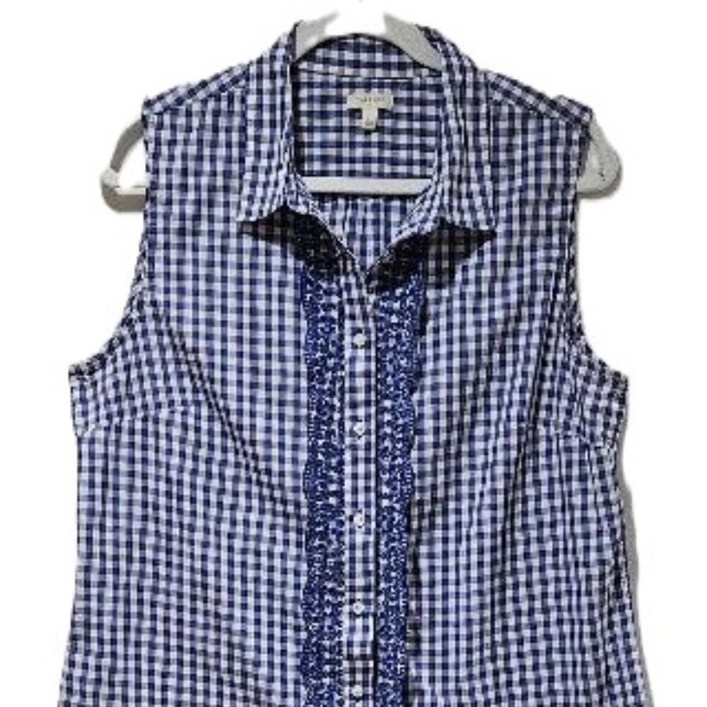 TALBOTS BLUE & WHITE GINGHAM COTTON COLLARED SLEEVELESS BUTTON-DOWN W EYELET TRI